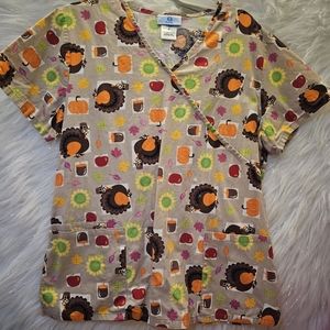 SB Scrubs Womens MED Scrub Top Turkey Thanksgiving Short Sleeve Pocket HOLIDAY